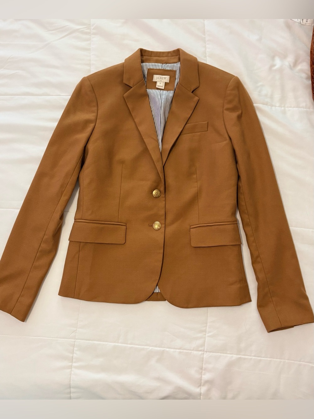 J.Crew Regent Blazer Camel Brown Wool Blend Gold Crest Buttons Size 0